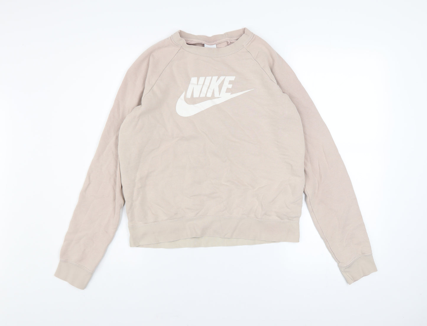 Nike Women Beige Cotton Sweatshirt Small Pullover Crew Neck Logo Design