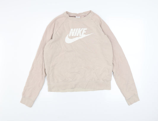 Nike Women Beige Cotton Sweatshirt Small Pullover Crew Neck Logo Design