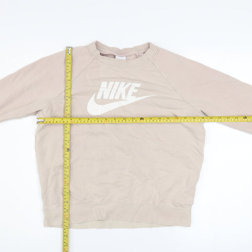 Nike Women Beige Cotton Sweatshirt Small Pullover Crew Neck Logo Design