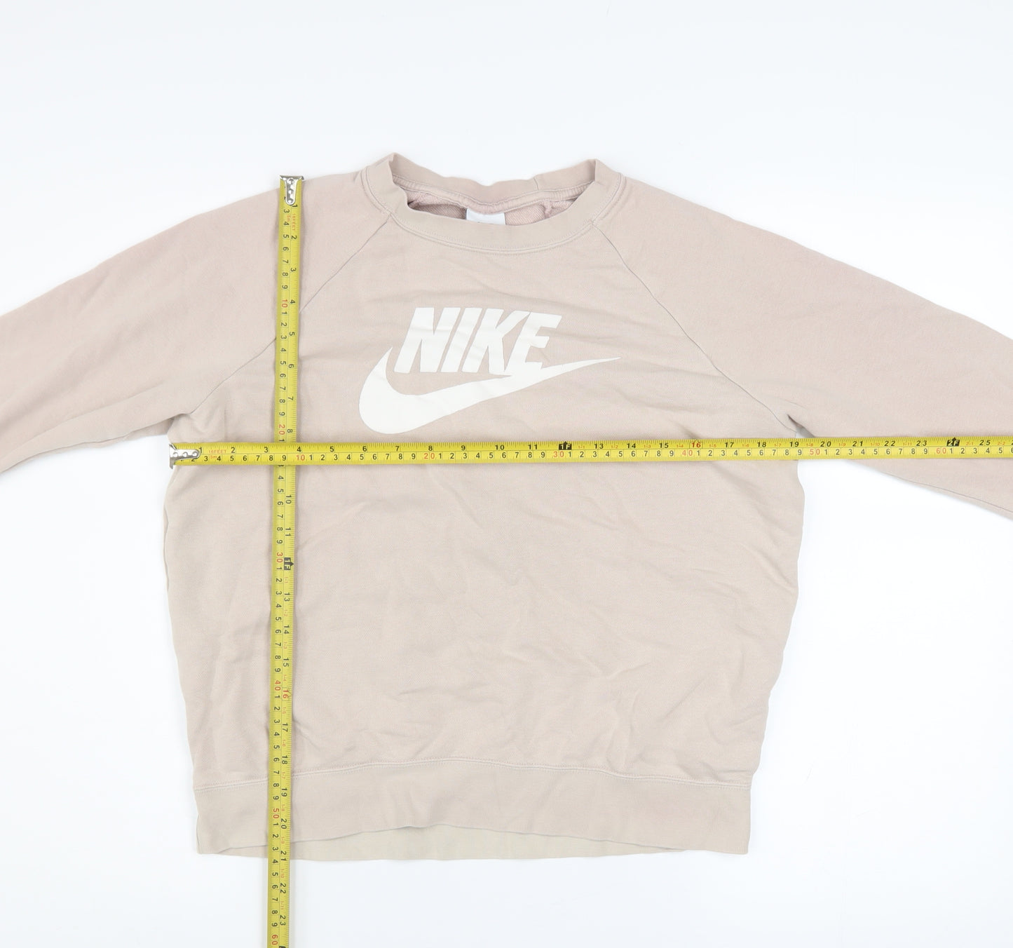 Nike Women Beige Cotton Sweatshirt Small Pullover Crew Neck Logo Design