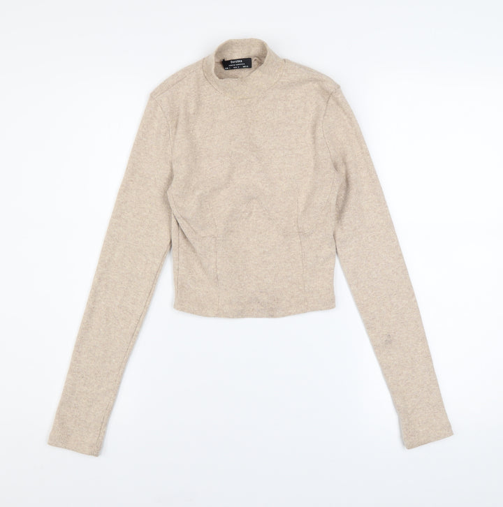 Bershka Women’s Beige Mock Neck Slim Fit Knit Jumper Size 8