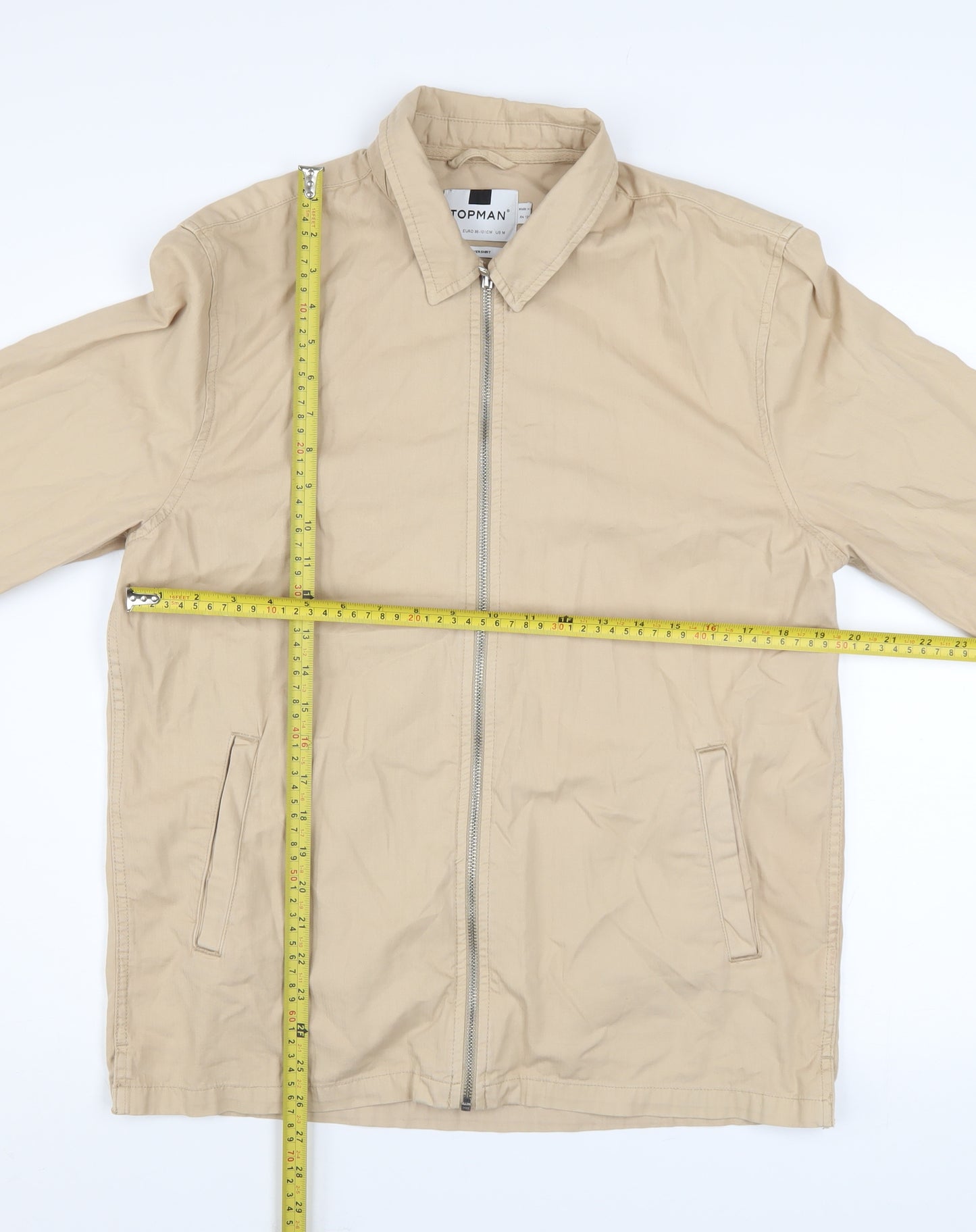 Topman Men's Beige Cotton Basic Jacket M Collared Zip Casual