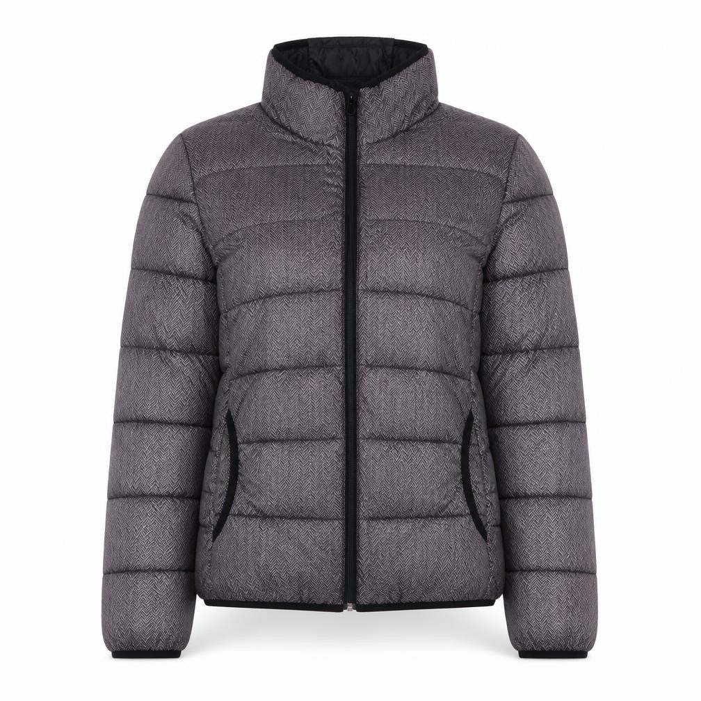 Front view of Fransa women’s grey mid-length puffer jacket, size M