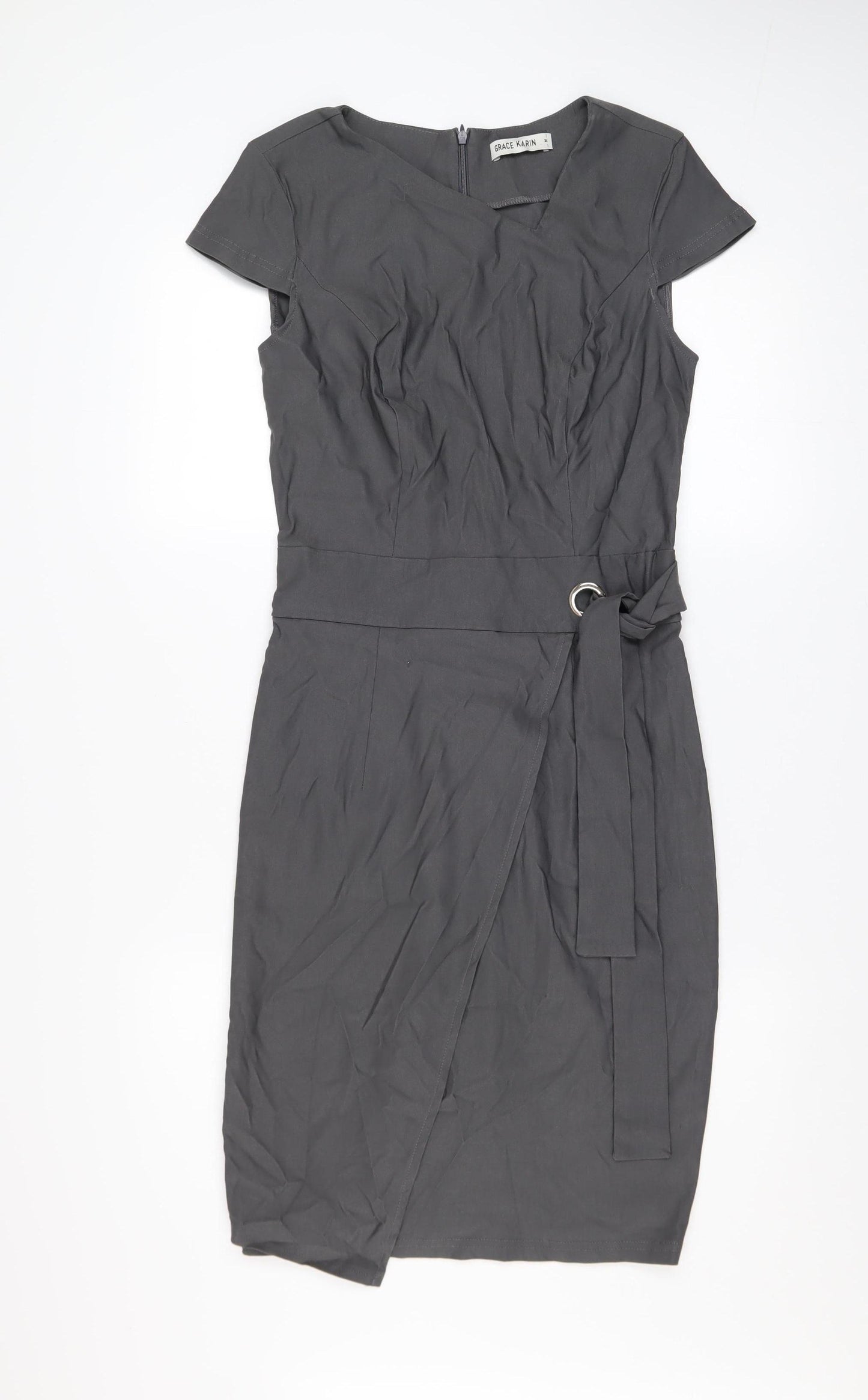 Grace Karin Women’s Grey V-Neck Wrap Belted Knee Length Dress M