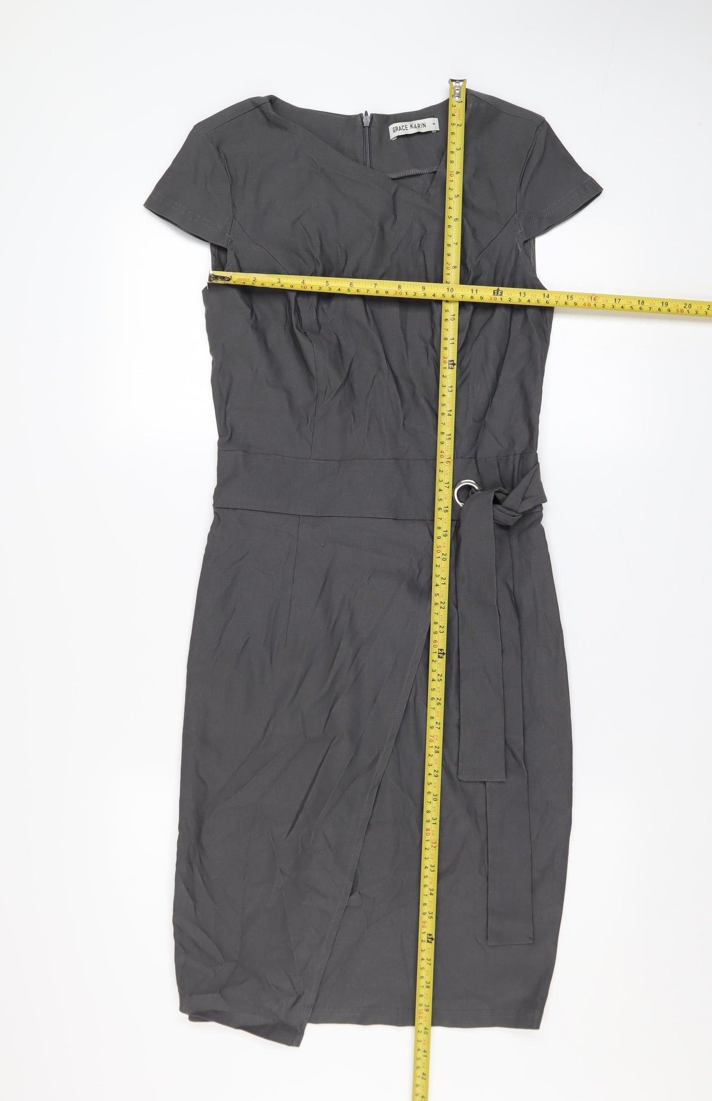 Grace Karin Women’s Grey V-Neck Wrap Belted Knee Length Dress M