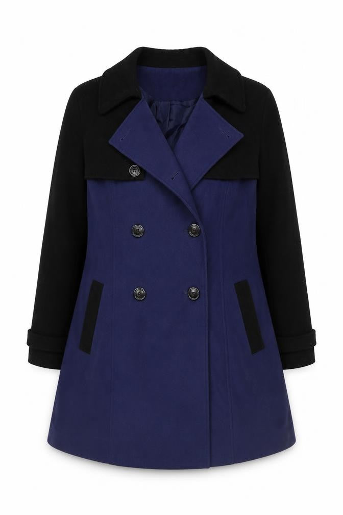 Front view of Simply Be Women's Blue & Black Pea Coat, size 18, Classic Mid-Length
