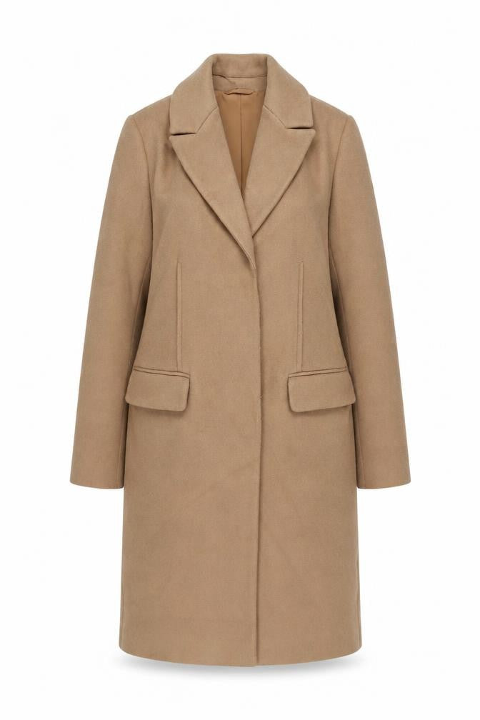 Front view of Marks & Spencer Women's Beige Mid-Length Coat, size 8, Classic Style