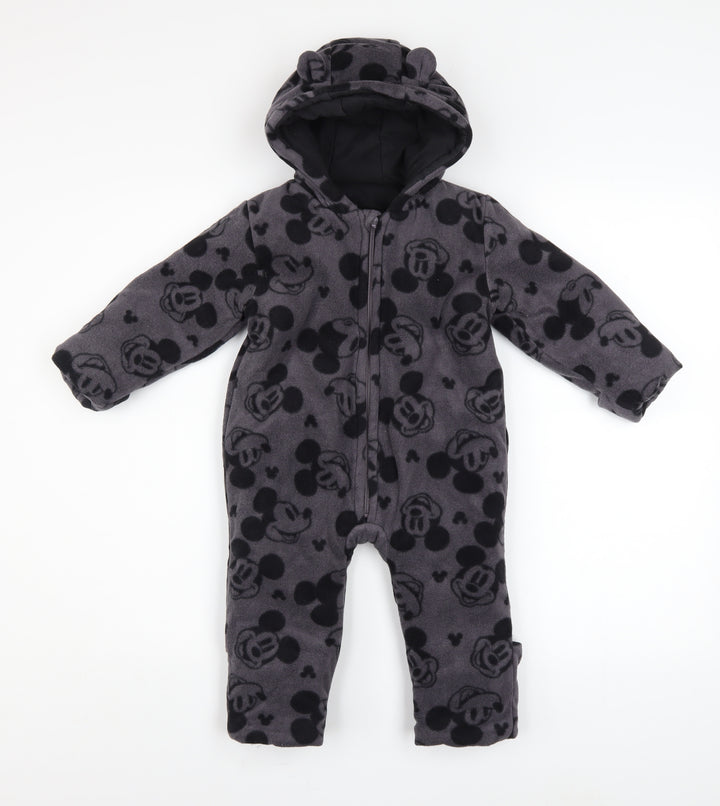 Disney Baby Grey Mickey Mouse Fleece Hooded Coverall 12-18 Months
