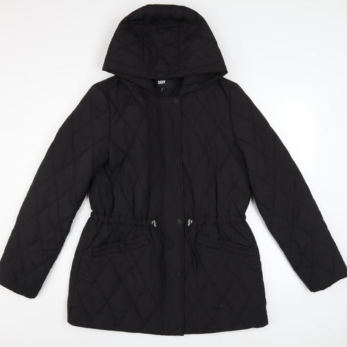 DKNY Women's Black Quilted Hooded Mid-Length Puffer Jacket Size M