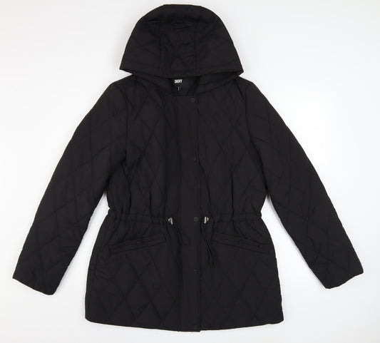 DKNY Women's Black Quilted Hooded Mid-Length Puffer Jacket Size M