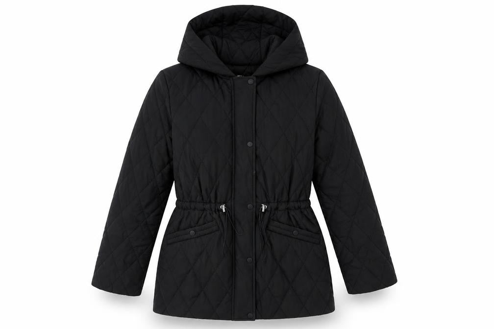 Front view of DKNY Women's Black Quilted Hooded Mid-Length Puffer Jacket, size M