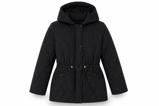 Front view of DKNY Women's Black Quilted Hooded Mid-Length Puffer Jacket, size M