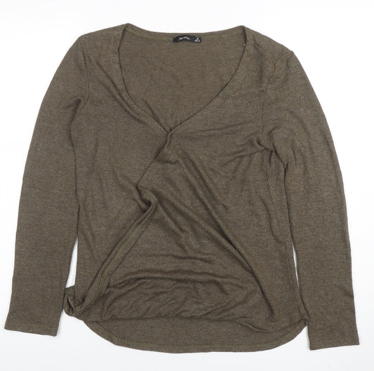 Bershka Women Brown Wrap V-Neck Long Sleeve Slim Fit Top M