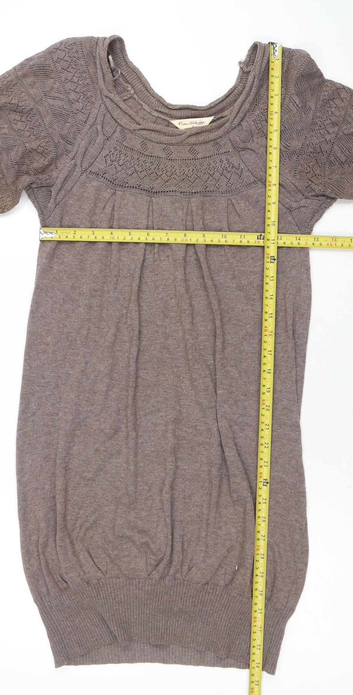 Miss Selfridge Women's Brown Knit Tunic Top Size 10 Puff Sleeve