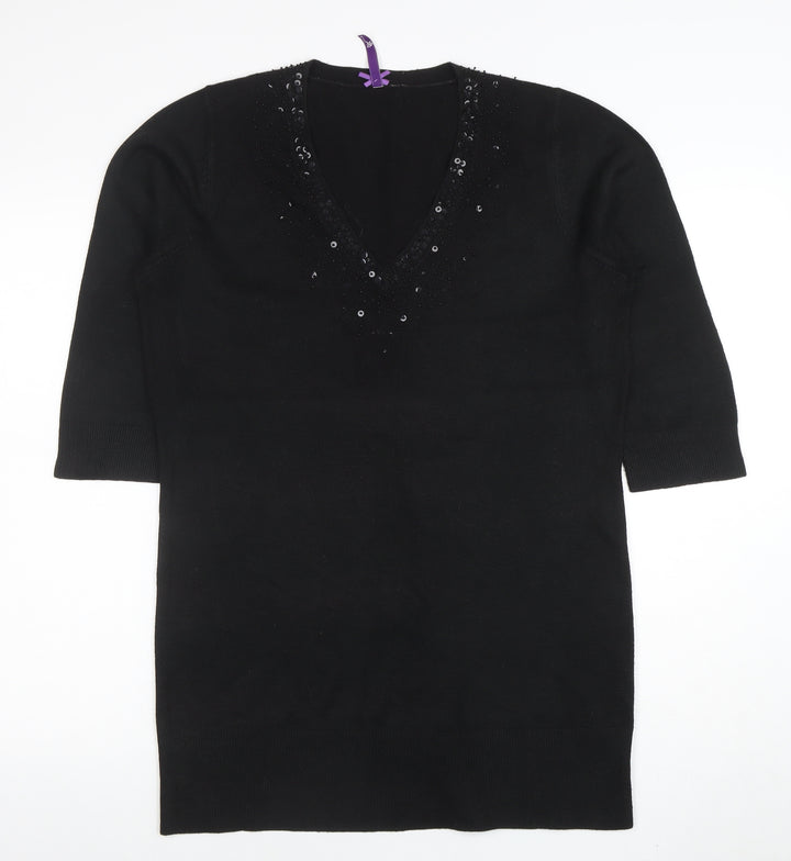 BHS Women's Black Sequin V-Neck Tunic Top Size 16 Acrylic Knit