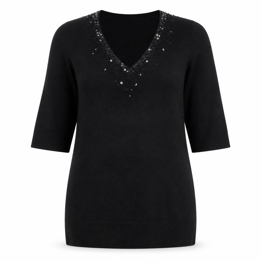 Front view of BHS Women's Black Sequin V-Neck Tunic Top, size 16, Acrylic Knit