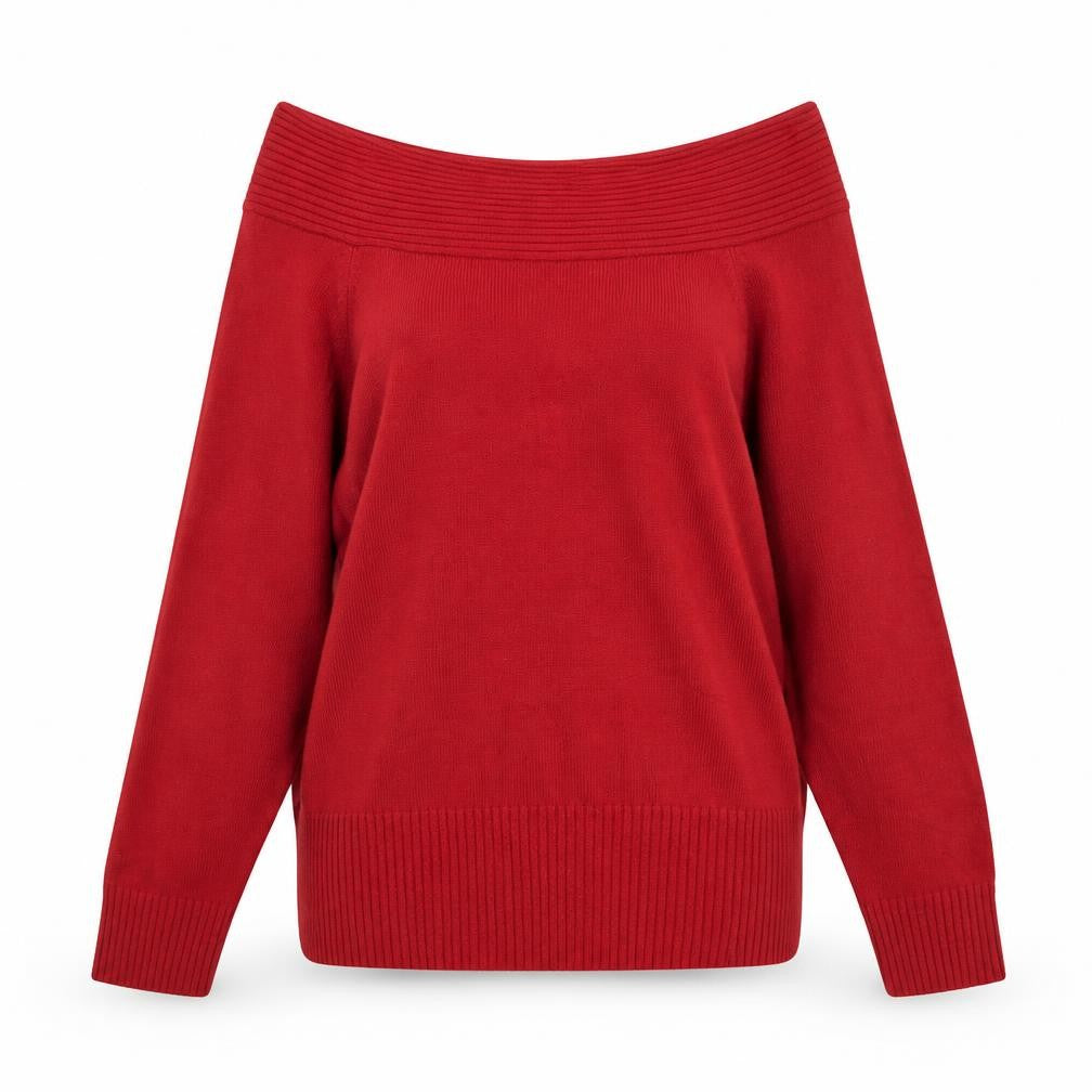 Front view of Riversland women’s red off the shoulder knit top, size UK 10