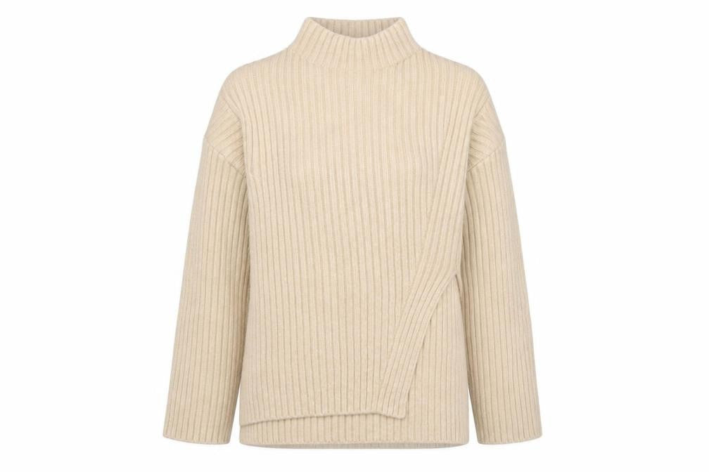 Front view of MING women’s beige mock neck ribbed knit jumper, size M