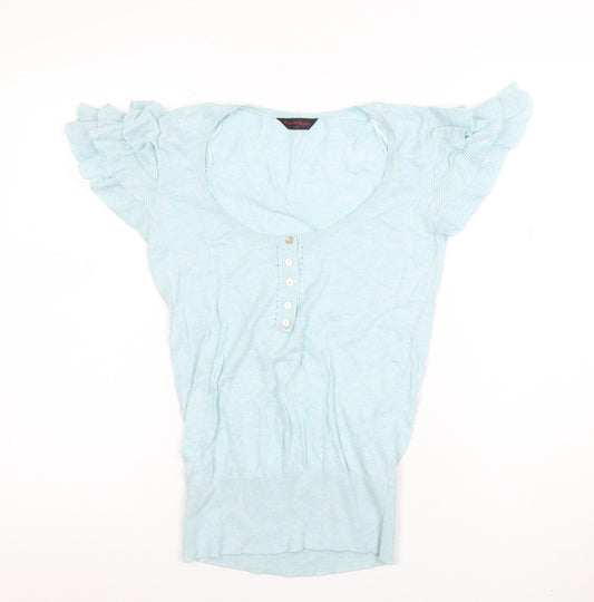 Rare Editions Women's Blue Knit Ruffle Sleeve Button T-Shirt Size 10