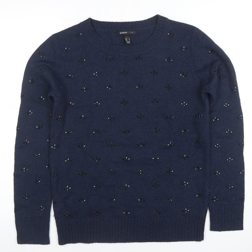 Mango Women's Blue Beaded Wool Blend Crew Neck Jumper Size 8