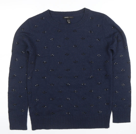 Mango Women's Blue Beaded Wool Blend Crew Neck Jumper Size 8