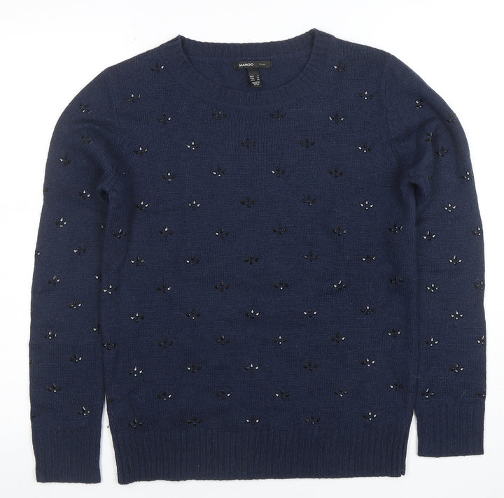 Mango Women's Blue Beaded Wool Blend Crew Neck Jumper Size 8