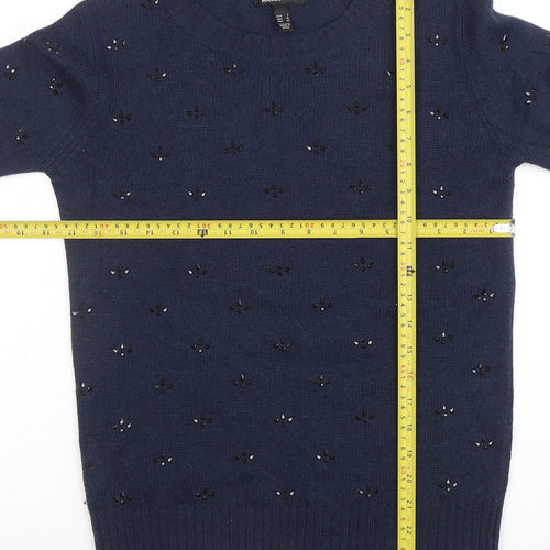 Mango Women's Blue Beaded Wool Blend Crew Neck Jumper Size 8