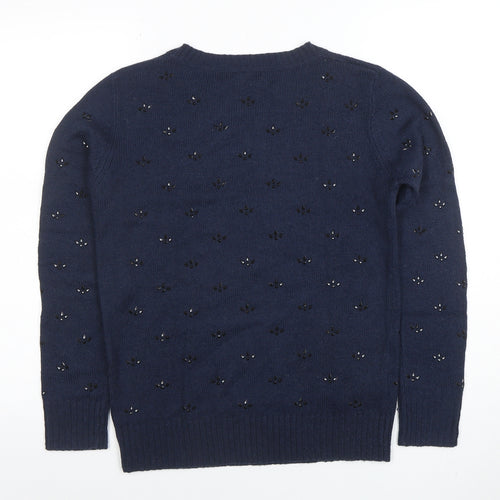 Mango Women's Blue Beaded Wool Blend Crew Neck Jumper Size 8