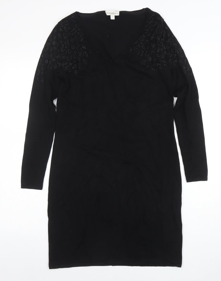 Monsoon Womens Black Beaded Knit Bodycon Dress Size S Long Sleeve