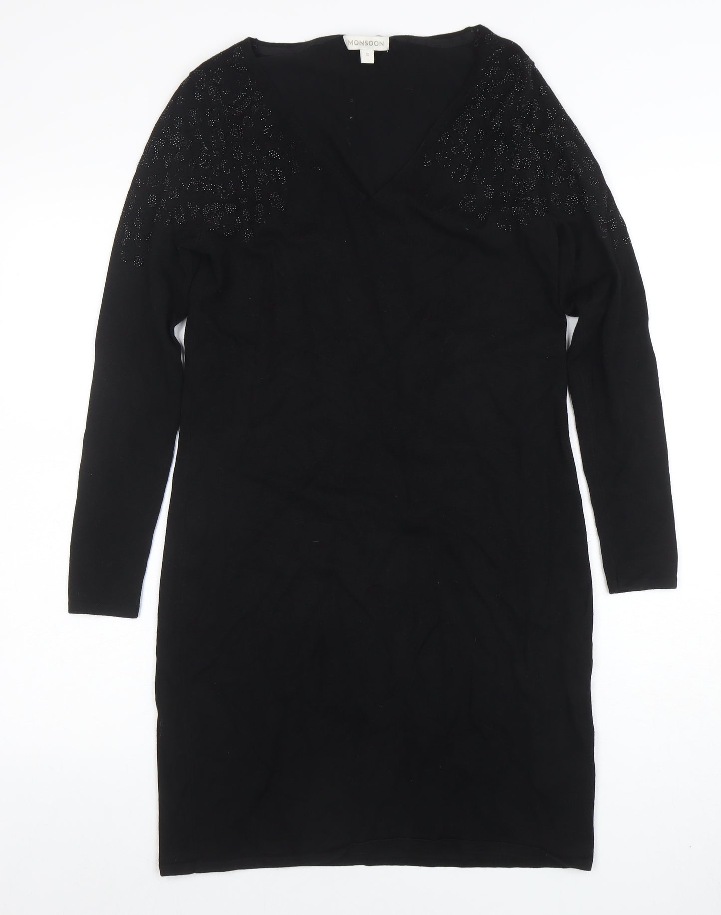 Monsoon Womens Black Beaded Knit Bodycon Dress Size S Long Sleeve
