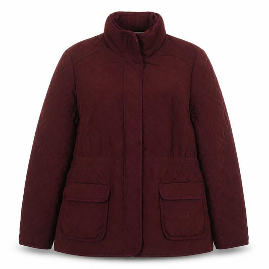 Front view of Monsoon women’s red quilted jacket, size UK 18, lined full zip winter coat