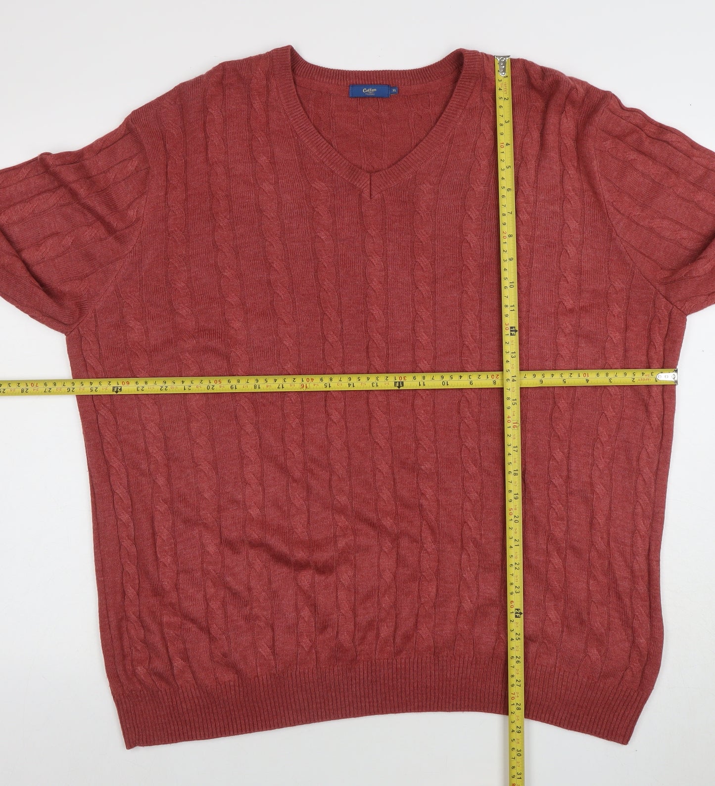 Cotton Traders Men's Red Cable-Knit V-Neck Jumper XL