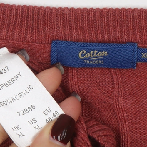Cotton Traders Men's Red Cable-Knit V-Neck Jumper XL