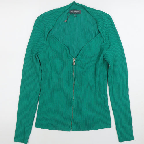 Sosandar Women's Green Full Zip Ribbed Cardigan Size 14