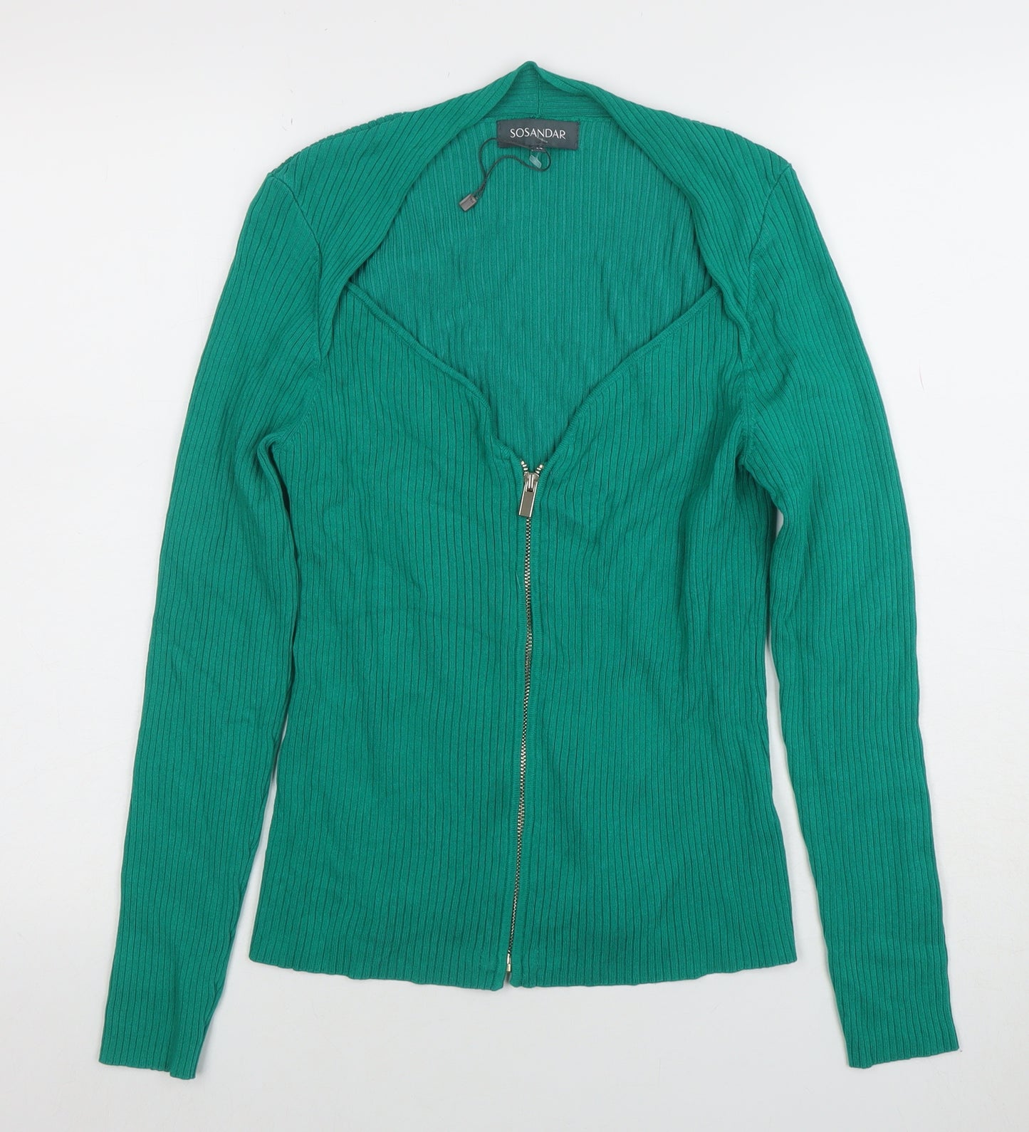 Sosandar Women's Green Full Zip Ribbed Cardigan Size 14