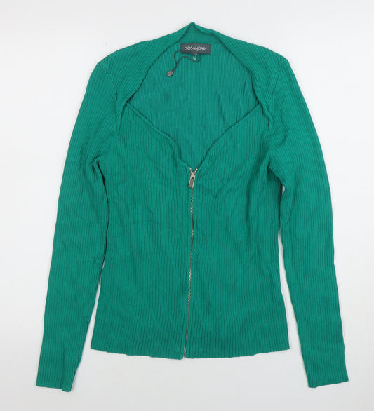 Sosandar Women's Green Full Zip Ribbed Cardigan Size 14