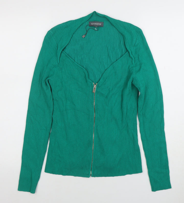 Sosandar Women's Green Full Zip Ribbed Cardigan Size 14