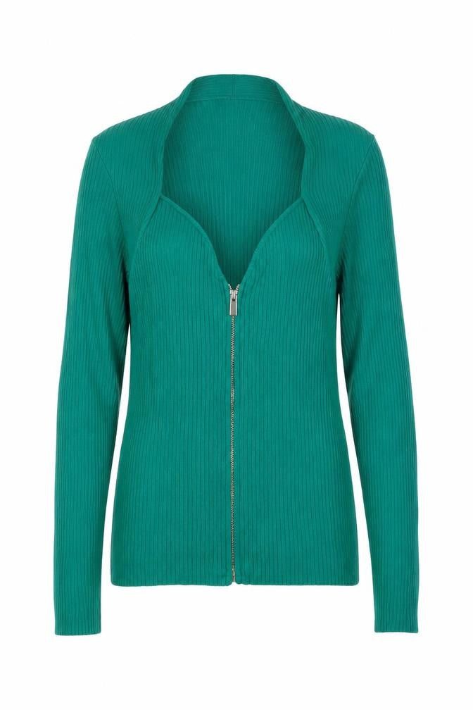 Front view of Sonsandar Women's Green Full Zip Ribbed Cardigan, size 14