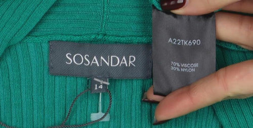 Sosandar Women's Green Full Zip Ribbed Cardigan Size 14