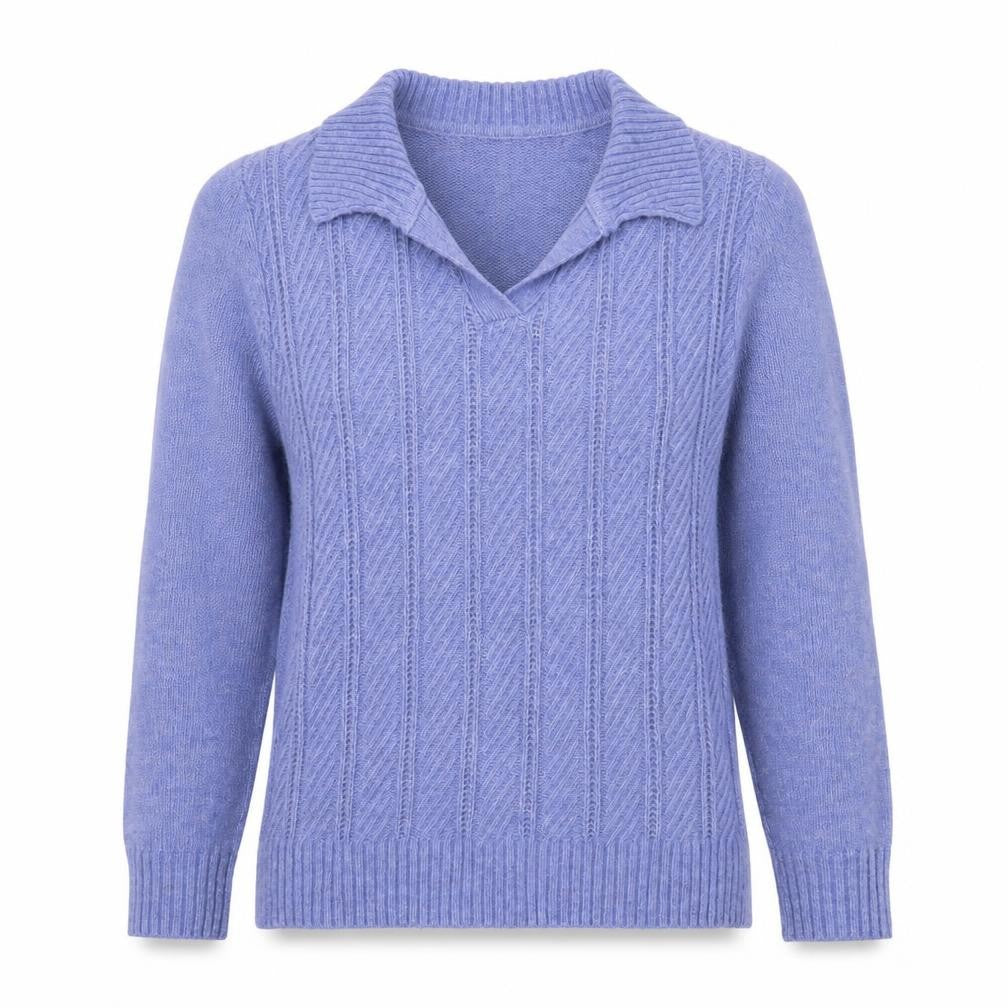 Front view of ISLE women’s purple collared cable knit jumper, size S