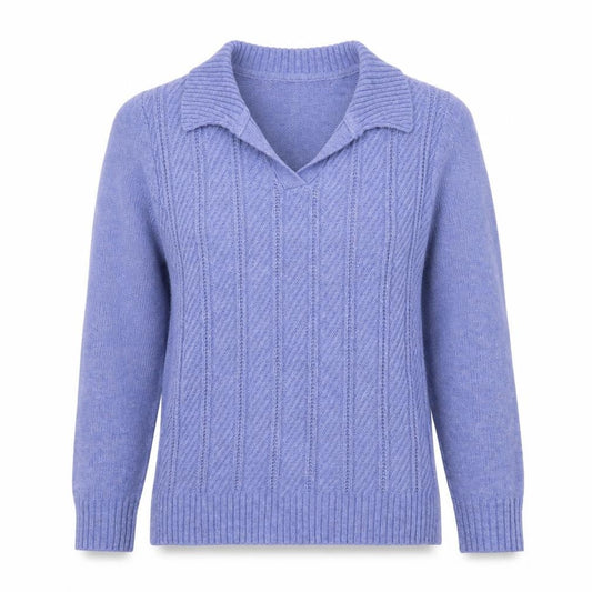Front view of ISLE women’s purple collared cable knit jumper, size S