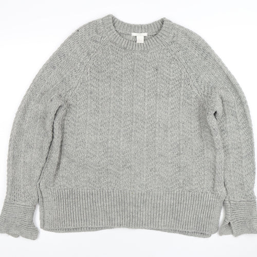 H&M Women Grey Chunky Knit Crew Neck Wool Blend Jumper Size 12