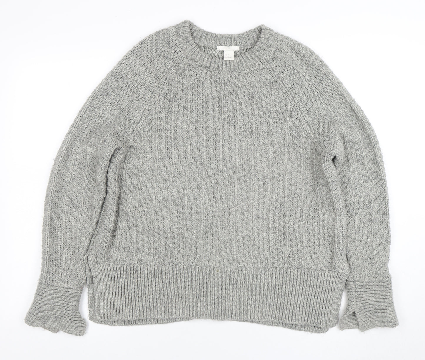 H&M Women Grey Chunky Knit Crew Neck Wool Blend Jumper Size 12