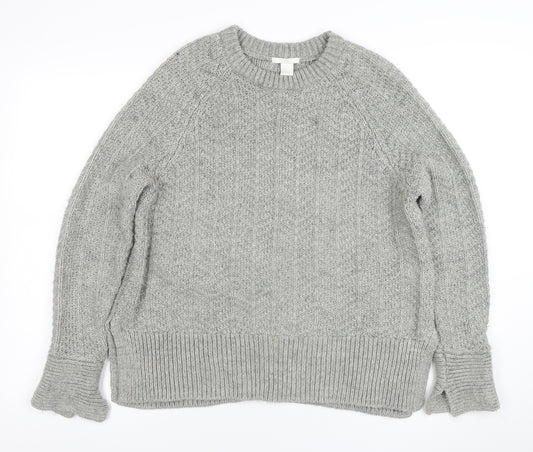 H&M Women Grey Chunky Knit Crew Neck Wool Blend Jumper Size 12