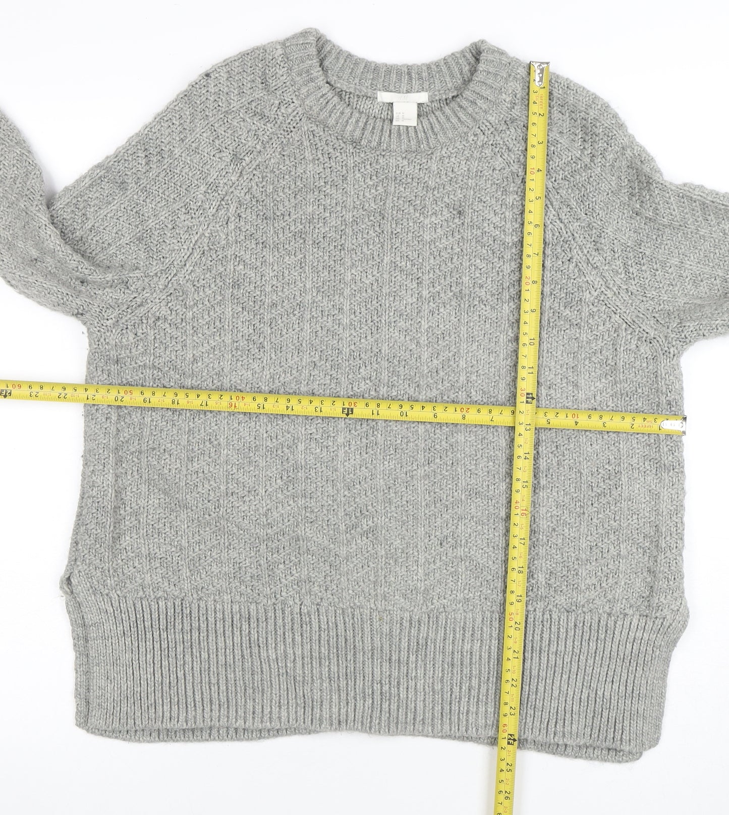 H&M Women Grey Chunky Knit Crew Neck Wool Blend Jumper Size 12