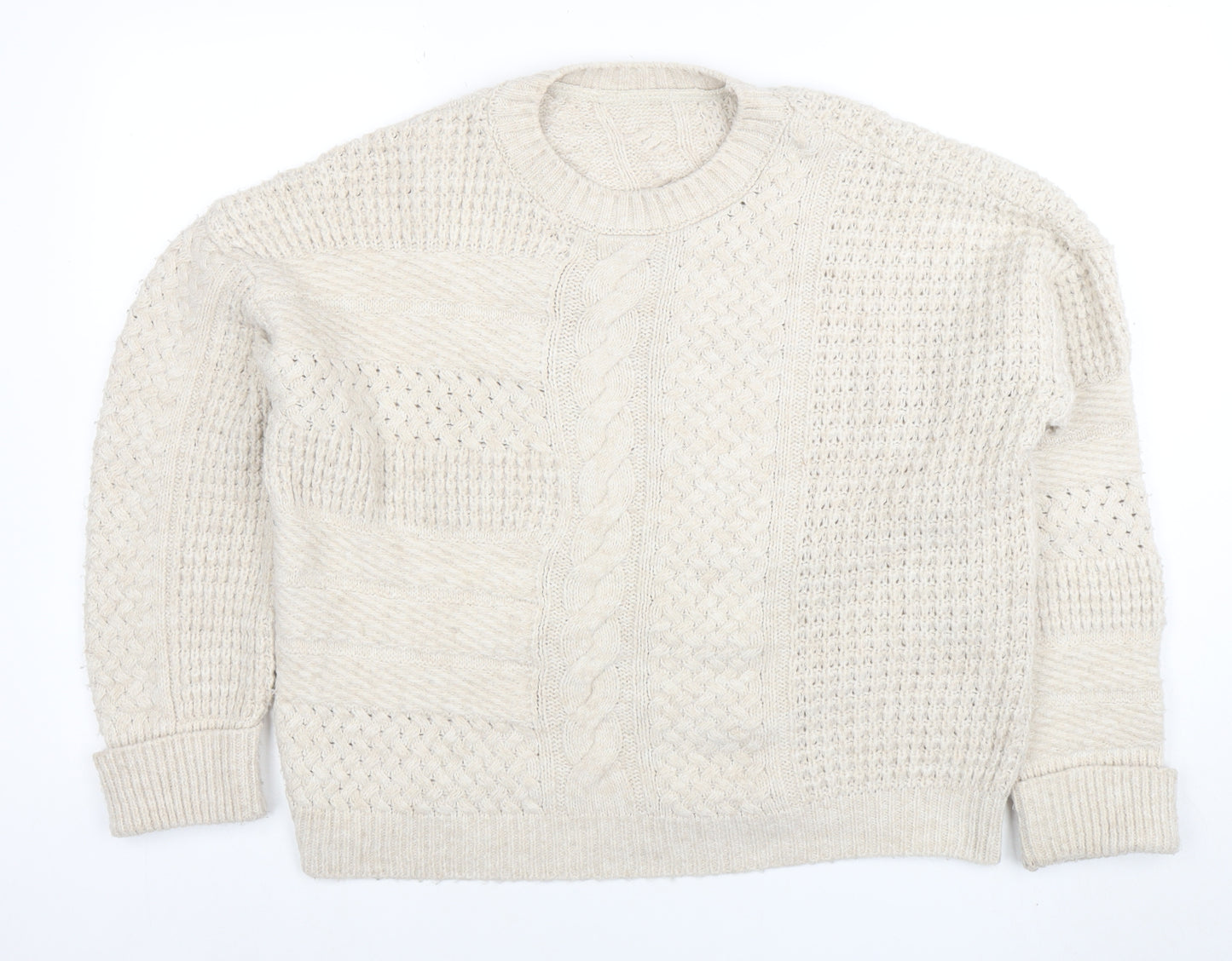 Next Women Beige Cable-Knit Cotton Blend Crew Neck Jumper M