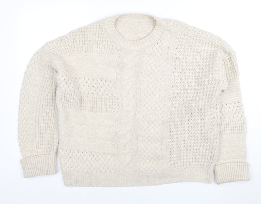 Next Women Beige Cable-Knit Cotton Blend Crew Neck Jumper M