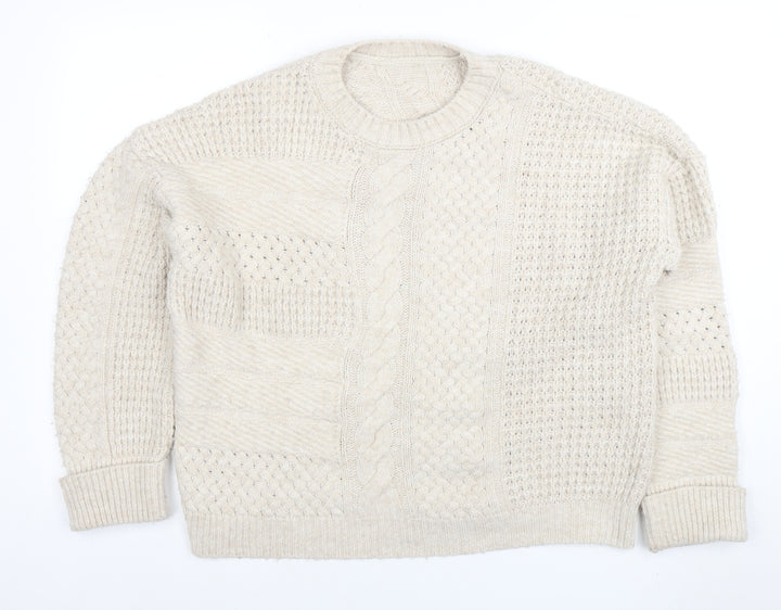 Next Women Beige Cable-Knit Cotton Blend Crew Neck Jumper M