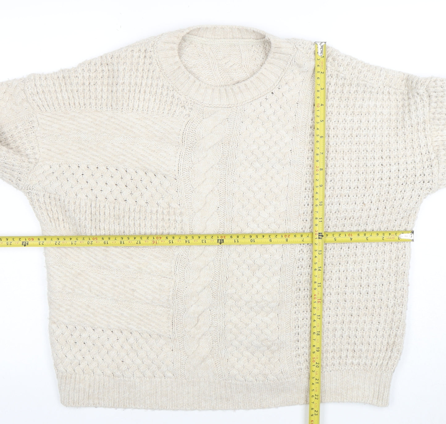 Next Women Beige Cable-Knit Cotton Blend Crew Neck Jumper M