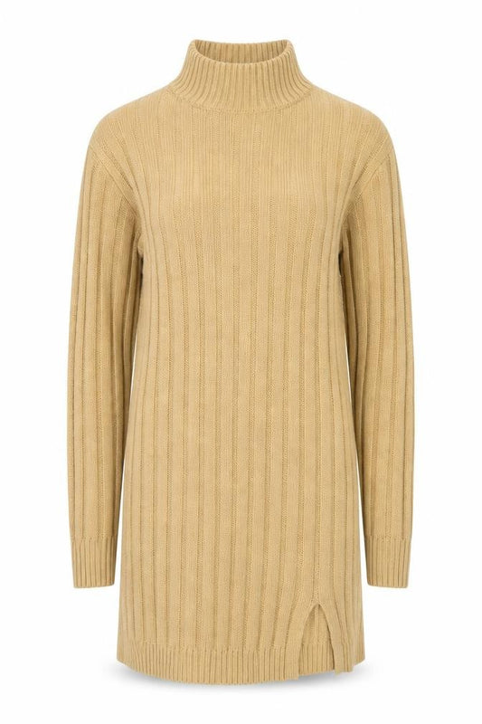 Front view of Missguided Women Beige Ribbed Knit Long Sleeve Jumper Dress, size 10